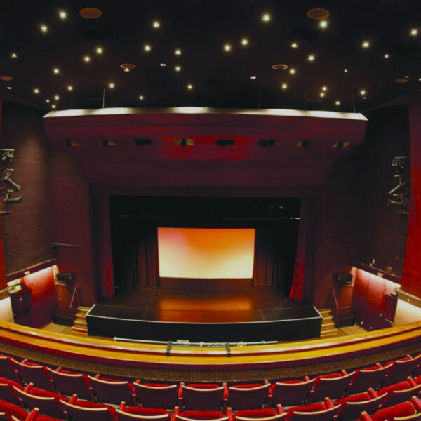 View of the stage at Strode Theatre from the back of the seating area